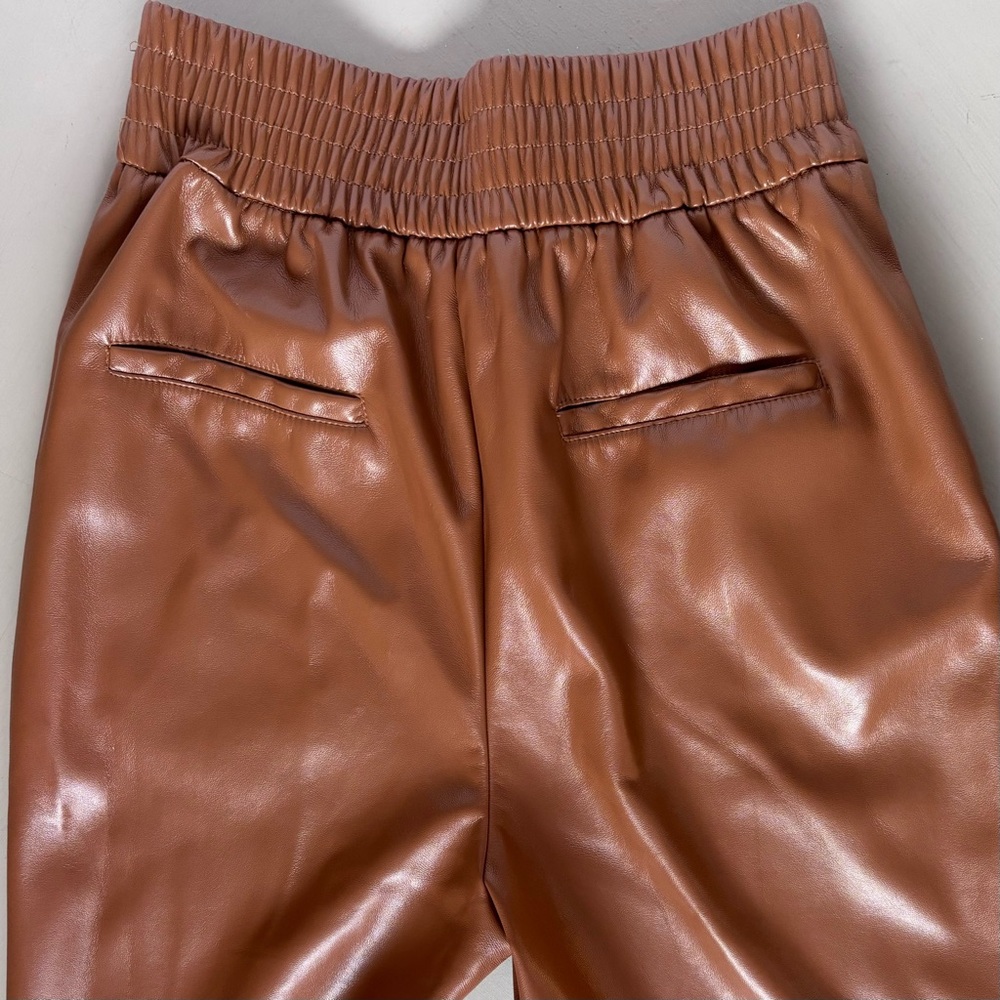 Anthropologie D' Amelie Paris Sleek Cognac Faux Leather Wide Leg Trousers Pant - Picture 4 of 12